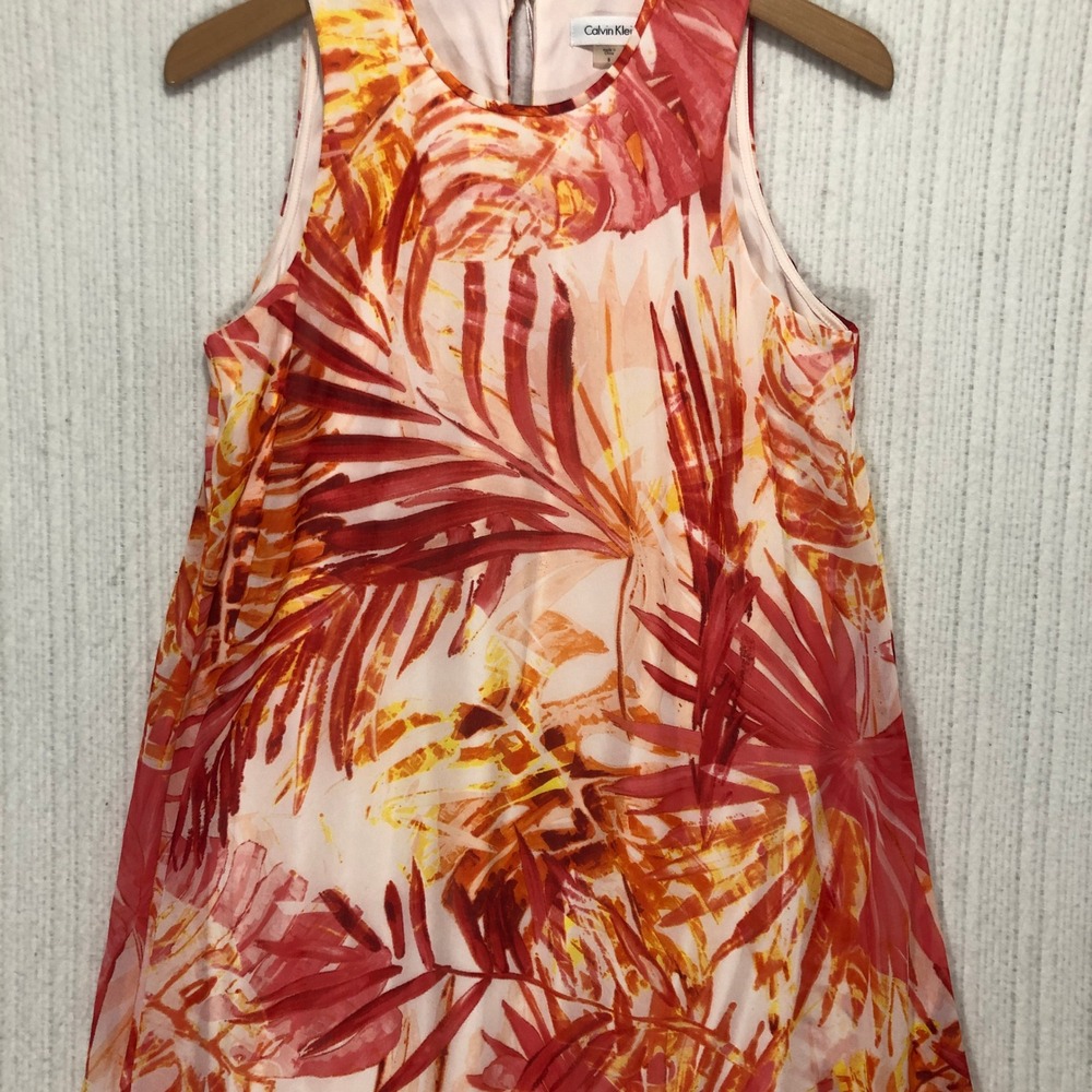 Calvin Klein Tropical Palm Print Sleeveless Shift Dress CD8HE3HB Orange Coral 8‎